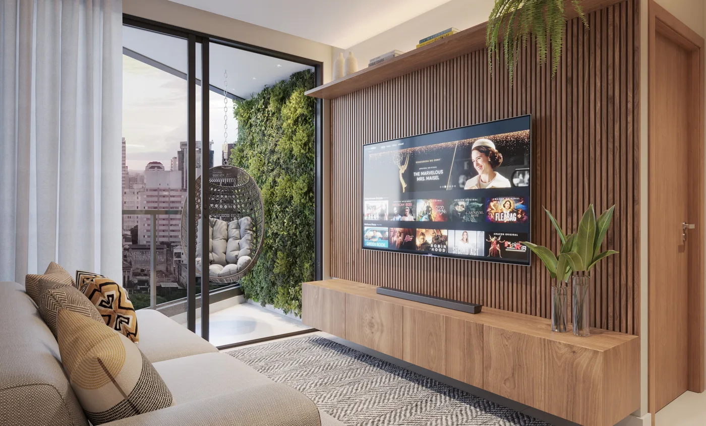 Render do living integrado do Edifício João Felipe