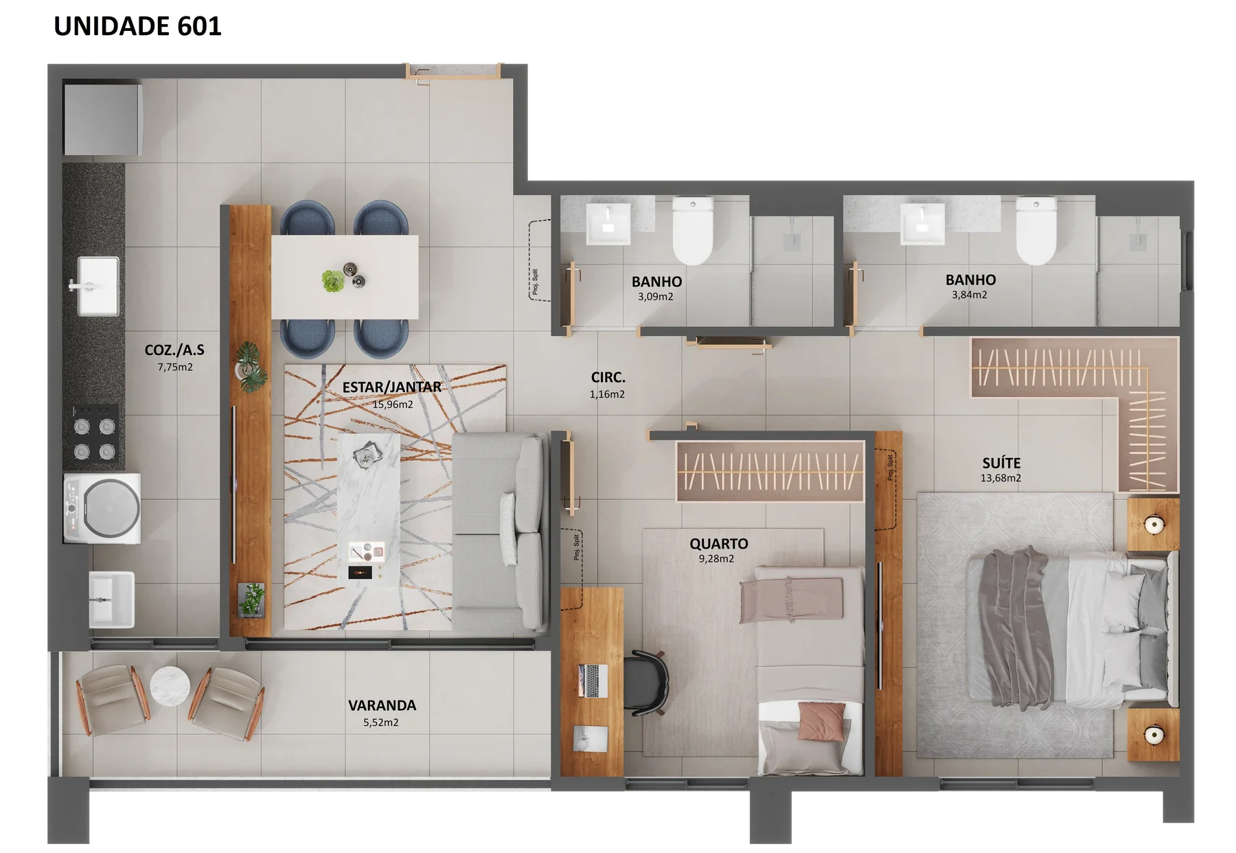 Planta humanizada do apartamento com 2 suítes